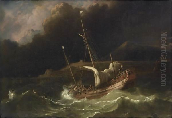 A Flute In A Tempestuous Sea, Near A Strip Of Land Oil Painting by Ludolf Backhuysen