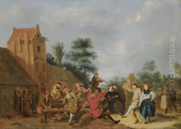 A Merry Company Outside An Inn Oil Painting by Jan Miense Molenaer