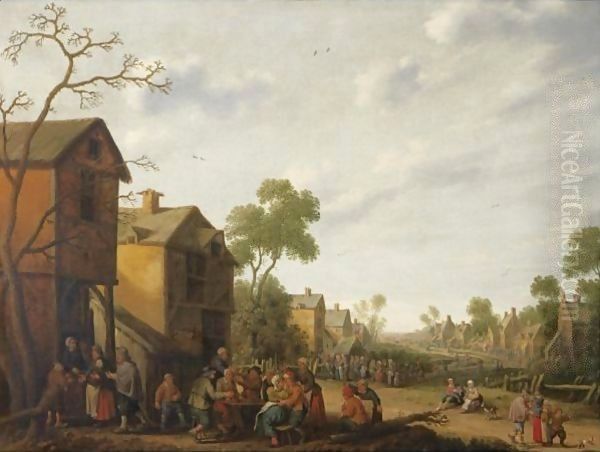 A Village Scene With Peasants Eating And Drinking Outside An Inn, Beggars To The Left Oil Painting by Joost Cornelisz. Droochsloot