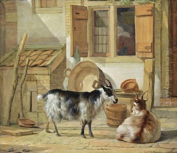 A Courtyard With Two Goats Oil Painting by Abraham van, I Strij