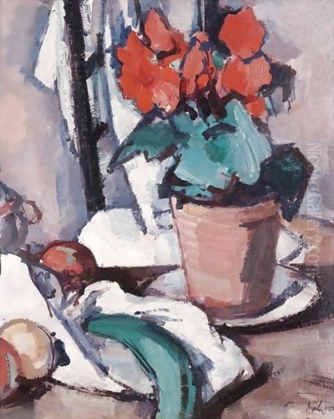 Still Life With Geraniums Oil Painting by Samuel John Peploe