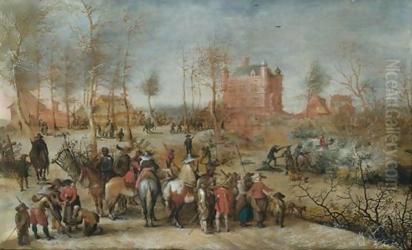 A Winter Landscape With Soldiers Defending A Town Oil Painting by Pieter Snayers