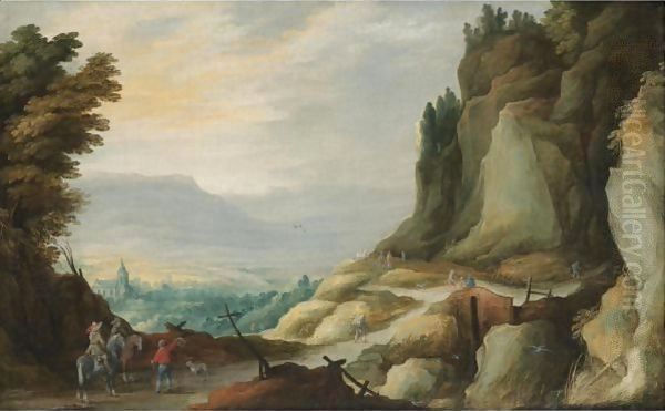 An Extensive Rocky Landscape With Travellers On A Path In The Foreground Oil Painting by Joos De Momper