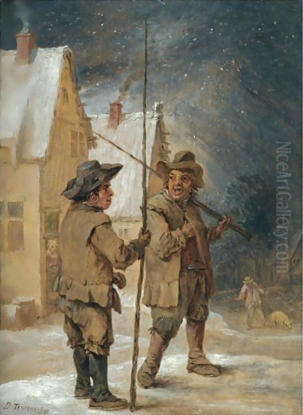 A Winter Scene With Two Chimneysweeps Conversing Before Some Cottages Oil Painting by David The Younger Teniers