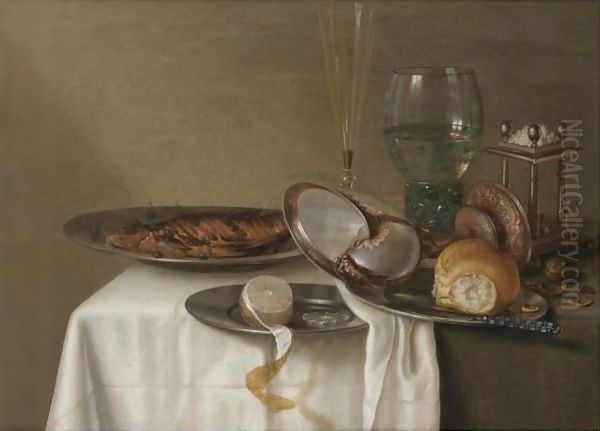 A Still Life With A Half-Peeled Lemon On A Pewter Dish, A Dried Fish With Capers Oil Painting by Maerten Boelema De Stomme