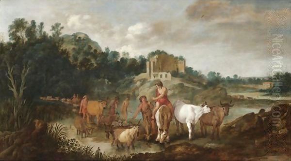 A Landscape With Drovers And Their Animals Fording A River Oil Painting by Moyses or Moses Matheusz. van Uyttenbroeck