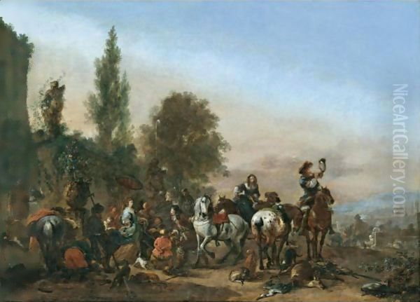 An Elegant Company Resting After A Hunt Oil Painting by Philips Wouwerman