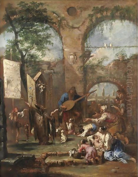 An Architectural Capriccio With A Musician And Peasants Before A Portable Altar With Saint Anthony Of Padua Oil Painting by Alessandro Magnasco