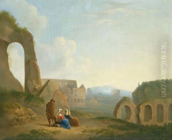 A Roman Capriccio With Figures, The Colosseum Beyond Oil Painting by Thomas Barker of Bath