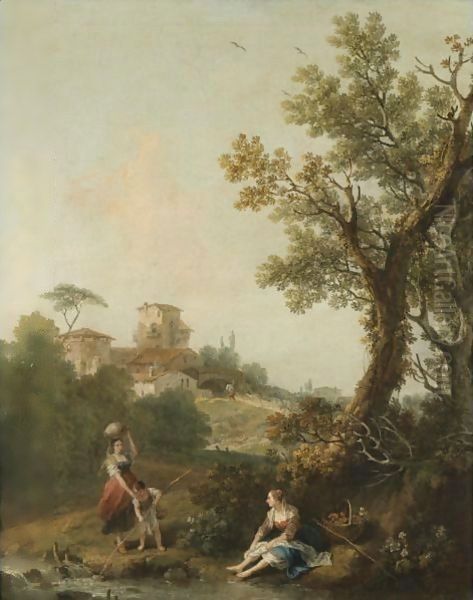 A Wooded River Landscape With A Boy And His Mother Fishing And Another Woman Resting Oil Painting by Francesco Zuccarelli