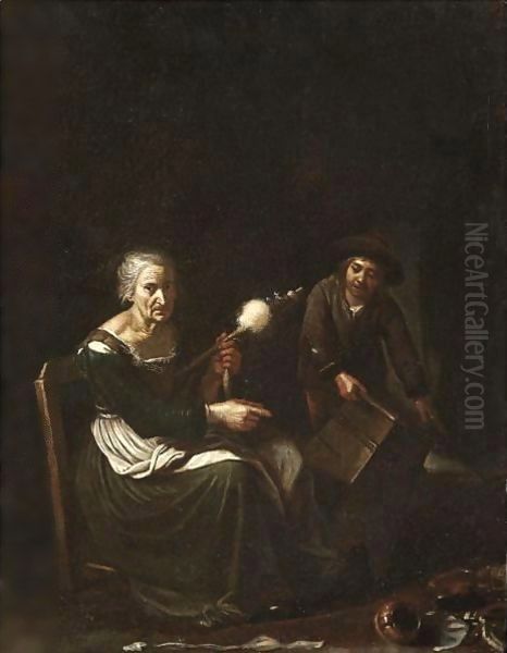 An Interior With An Old Lady Spinning, Together With A Young Boy Carrying A Box Oil Painting by Michiel Sweerts