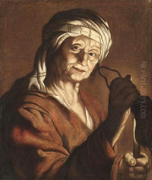 An Old Lady Holding A Candle And An Empty Purse Oil Painting by Gerrit Van Honthorst