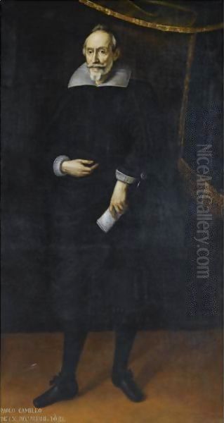 Portrait Of Paolo Camillo, Full Length, Wearing A Black Costume With A White Collar And Holding A Document Oil Painting by Lombard School