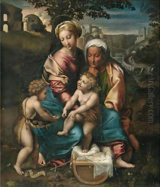 The Madonna And Child With Saint Anne And The Infant Saint John The Baptist Oil Painting by Raphael (Raffaello Sanzio of Urbino)