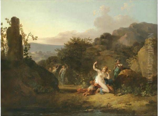 Nymphs Dancing And Playing Music In A Southern Landscape Oil Painting by Jacques-Antoine Vallin