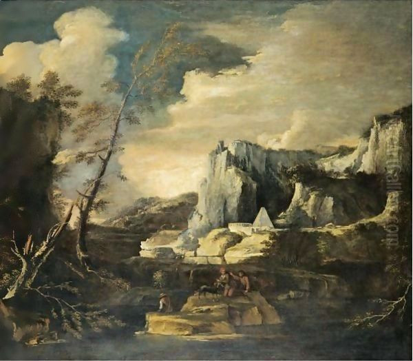 An Extensive River Landscape With Figures Fishing And Playing With A Dog In The Foreground Oil Painting by Salvator Rosa