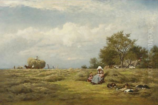 An English Hayfield Oil Painting by Benjamin Williams Leader