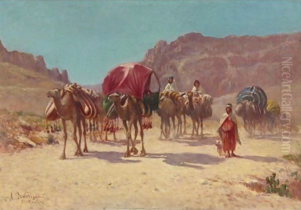 An Algerian Caravan In El Kantara Oil Painting by Alexis Auguste Delahogue