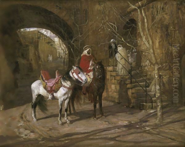 Horseman In A Courtyard Oil Painting by Frederick Arthur Bridgman