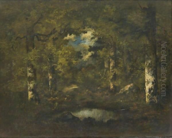 Birch Trees, Boulders And A Pond Fontainebleau Forest Oil Painting by Narcisse-Virgile D Az De La Pena