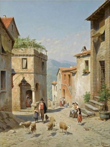 Figures In The Streets Of Frosinone, Italy Oil Painting by Jacques Carabain