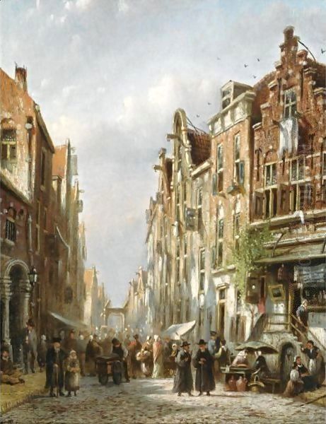 A Crowded Street In A Jewish Quarter Oil Painting by Johannes Franciscus Spohler