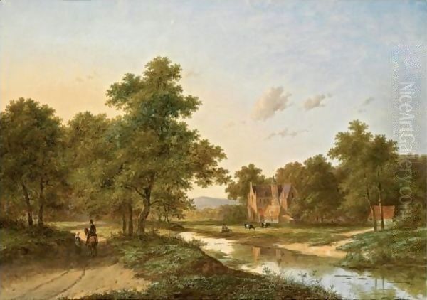 Conversing Figures On A Country Road Oil Painting by Jan Evert Morel