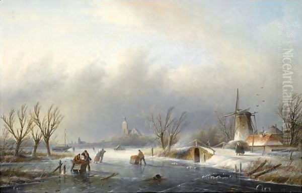 Skaters On A Frozen Waterway Oil Painting by Jan Jacob Coenraad Spohler