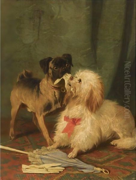 A Pug And A Maltese Playing Tug-Of-War Oil Painting by Conradyn Cunaeus