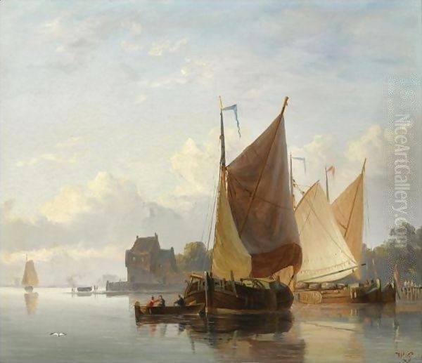 Sailing Ships At Anchor Oil Painting by Willem Jun Gruyter