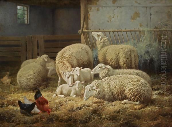 Sheep And Chickens In A Barn Oil Painting by Theo van Sluys