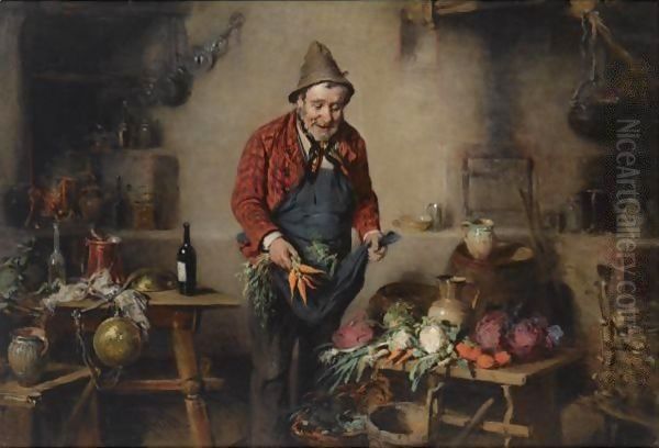 A Peasant In A Kitchen Interior Oil Painting by Hermann Kern