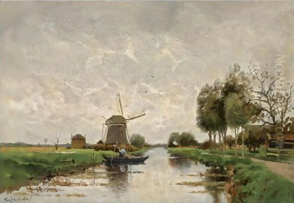 Boating In A Polder Landscape Oil Painting by Fredericus Jacobus Van Rossum Chattel