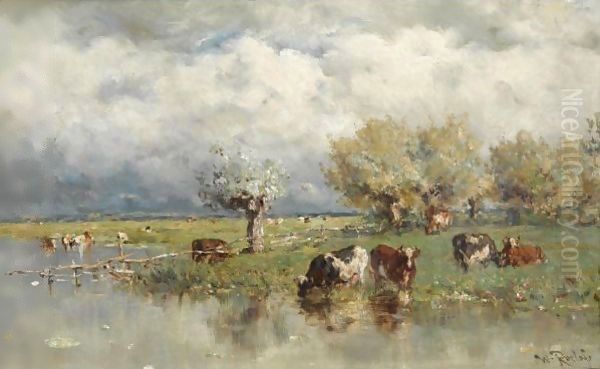 Cows In A Polder Landscape 2 Oil Painting by Willem Roelofs