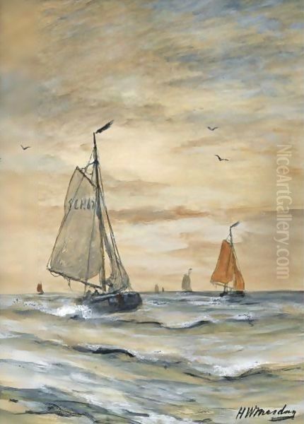 Bomschuiten At Sea 6 Oil Painting by Hendrik Willem Mesdag