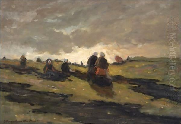 Women Mending Nets In The Dunes Oil Painting by Gerhard Arij Ludwig Morgenstje Munthe