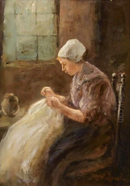 A Woman Doing Needlework Oil Painting by Jozef Israels