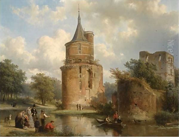 Figures At Leisure Near The Castle Of Wijk Bij Duurstede Oil Painting by Cornelis Springer