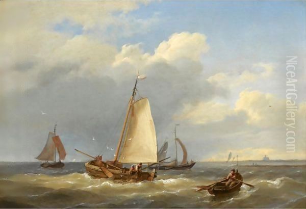 Fishermen Hauling In The Nets Oil Painting by Hermanus Koekkoek