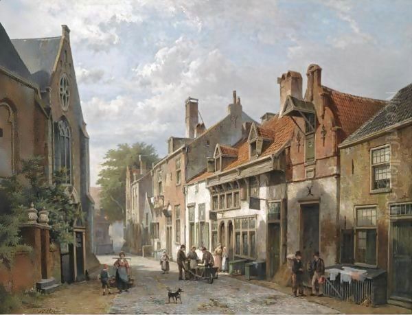 Figures In The Streets Of A Dutch Town Oil Painting by Willem Koekkoek