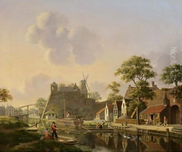 A Town At A Canal Oil Painting by Jan Hendrik Verheijen