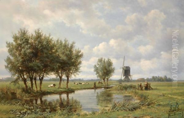 A Peasant Family On A Path Along A Waterway Oil Painting by Jan Willem Van Borselen