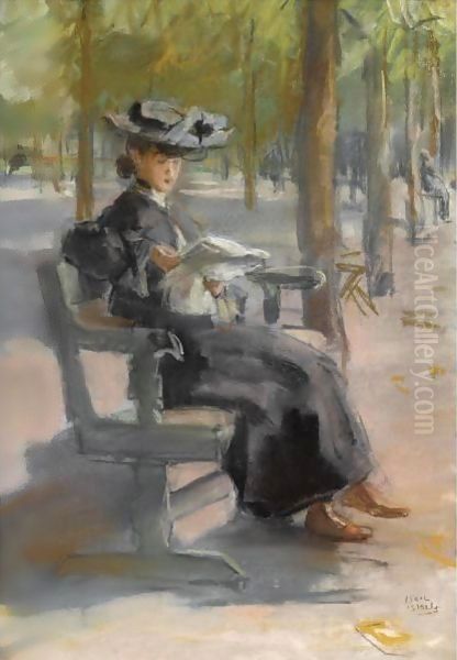 An Elegant Lady Reading In The Bois De Boulogne Oil Painting by Isaac Israels