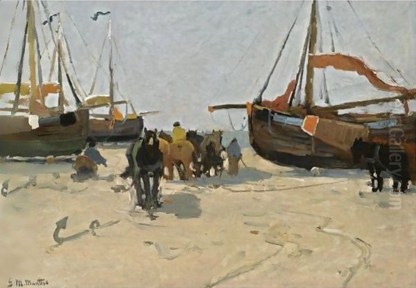 Fisher Folk And Bomschuiten On The Beach Oil Painting by Gerhard Arij Ludwig Morgenstje Munthe