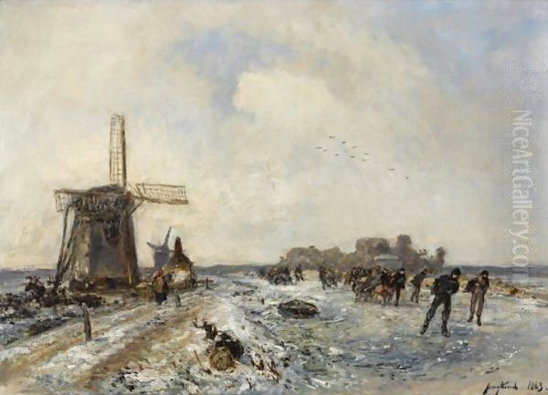 Skaters On A Frozen Waterway Oil Painting by Johan Barthold Jongkind