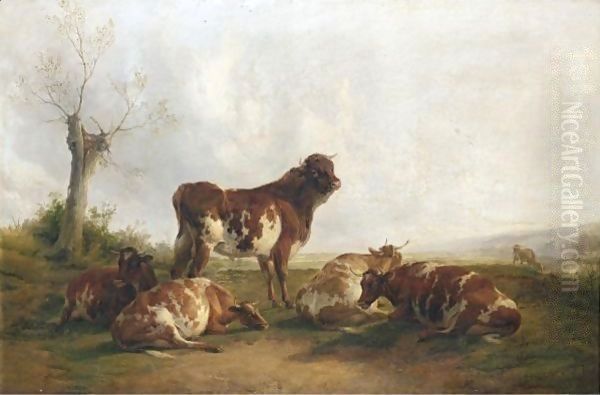 Four Cows And A Bull In The Stour Meadows Oil Painting by Thomas Sidney Cooper