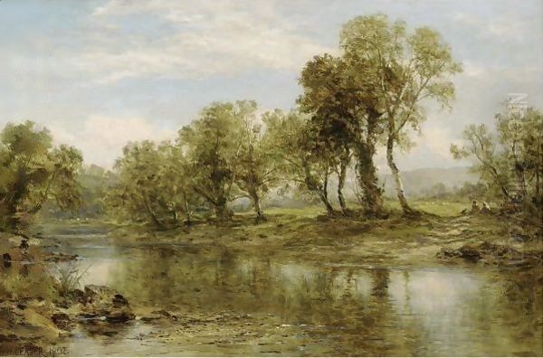 Figures Resting By A Riverbank Oil Painting by Benjamin Williams Leader