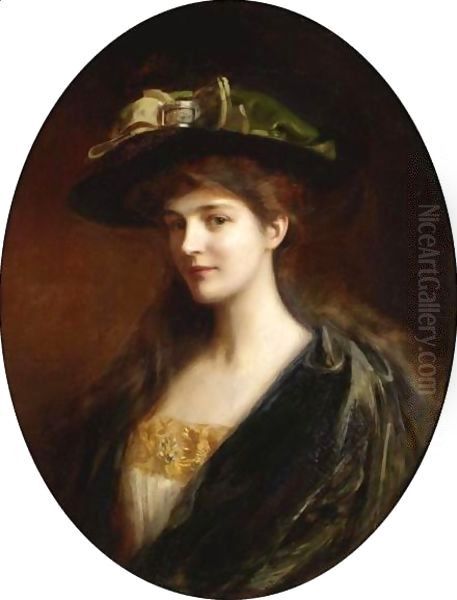 Portrait Of A Lady Wearing A Green Hat Oil Painting by Albert Lynch