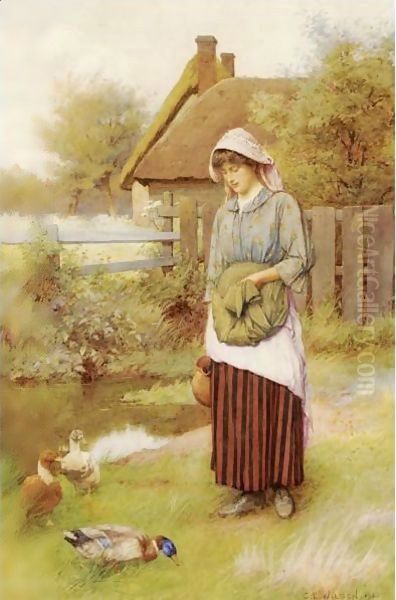 Feeding The Ducks Oil Painting by Charles Edward Wilson