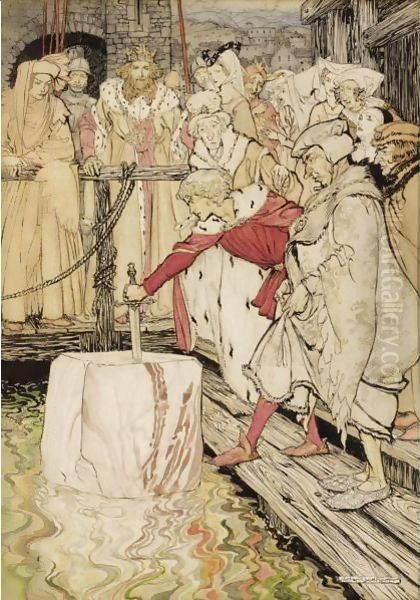 Arthur Pulling Excalibur From The Stone Oil Painting by Arthur Rackham